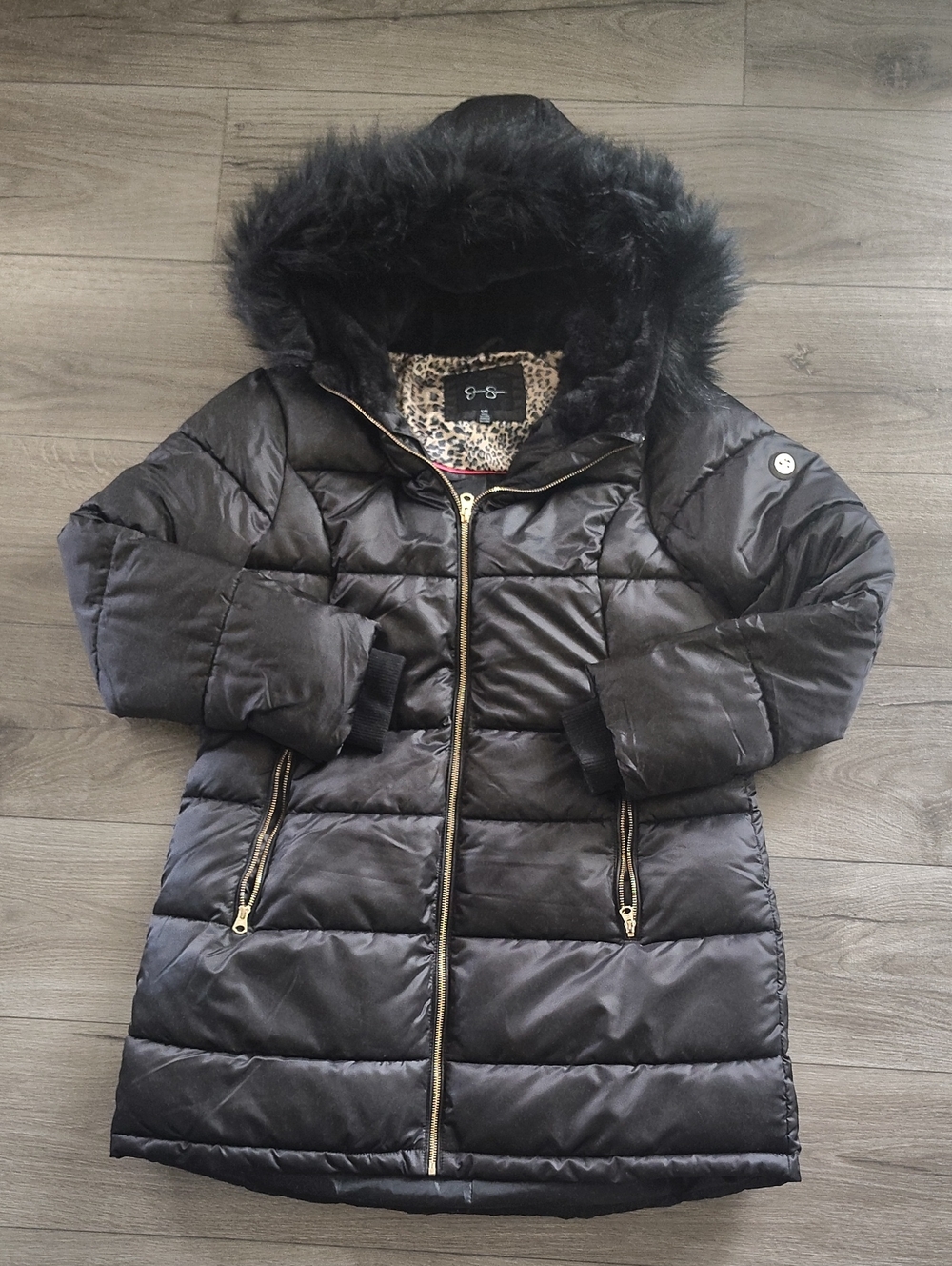 Jessica Simpson Black Quilted Puffer Coat with Faux-Fur Hood